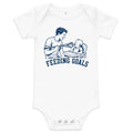 Lacrosse baby bodysuit with the GO2X Feeding Goals design, a man feeding a baby in a high chair with a lacrosse stick
