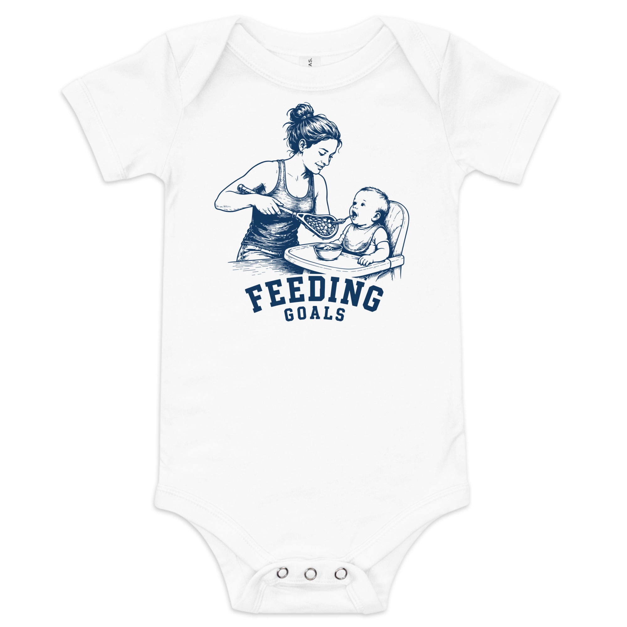 Lacrosse baby bodysuit with the GO2X Feeding Goals design, a woman feeding a baby in a high chair with a lacrosse stick