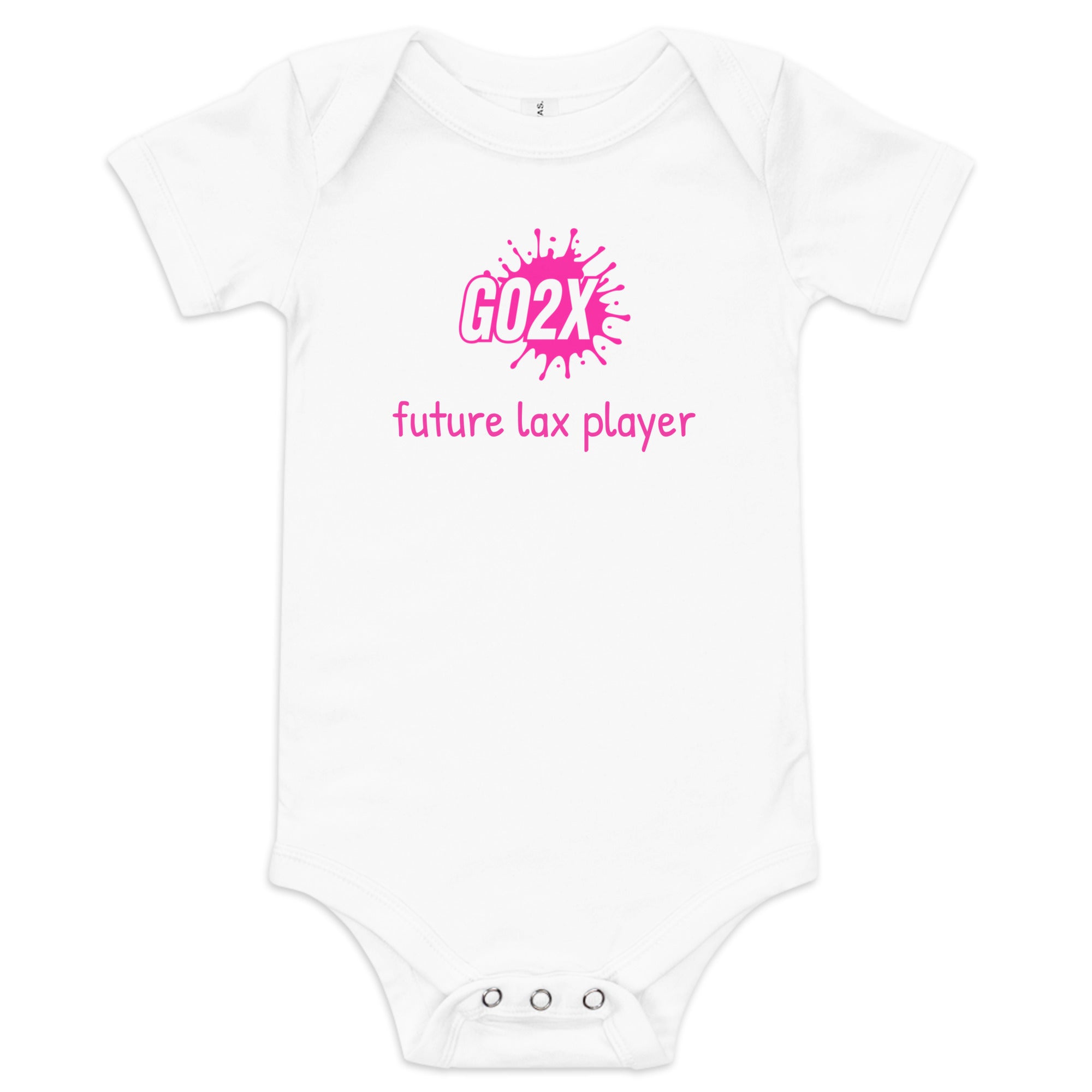 GO2X Future Lax Player lacrosse baby bodysuit with pink lettering