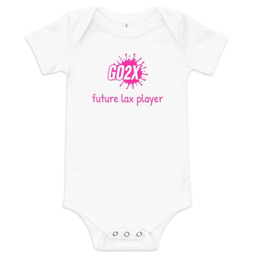GO2X Future Lax Player lacrosse baby bodysuit with pink lettering