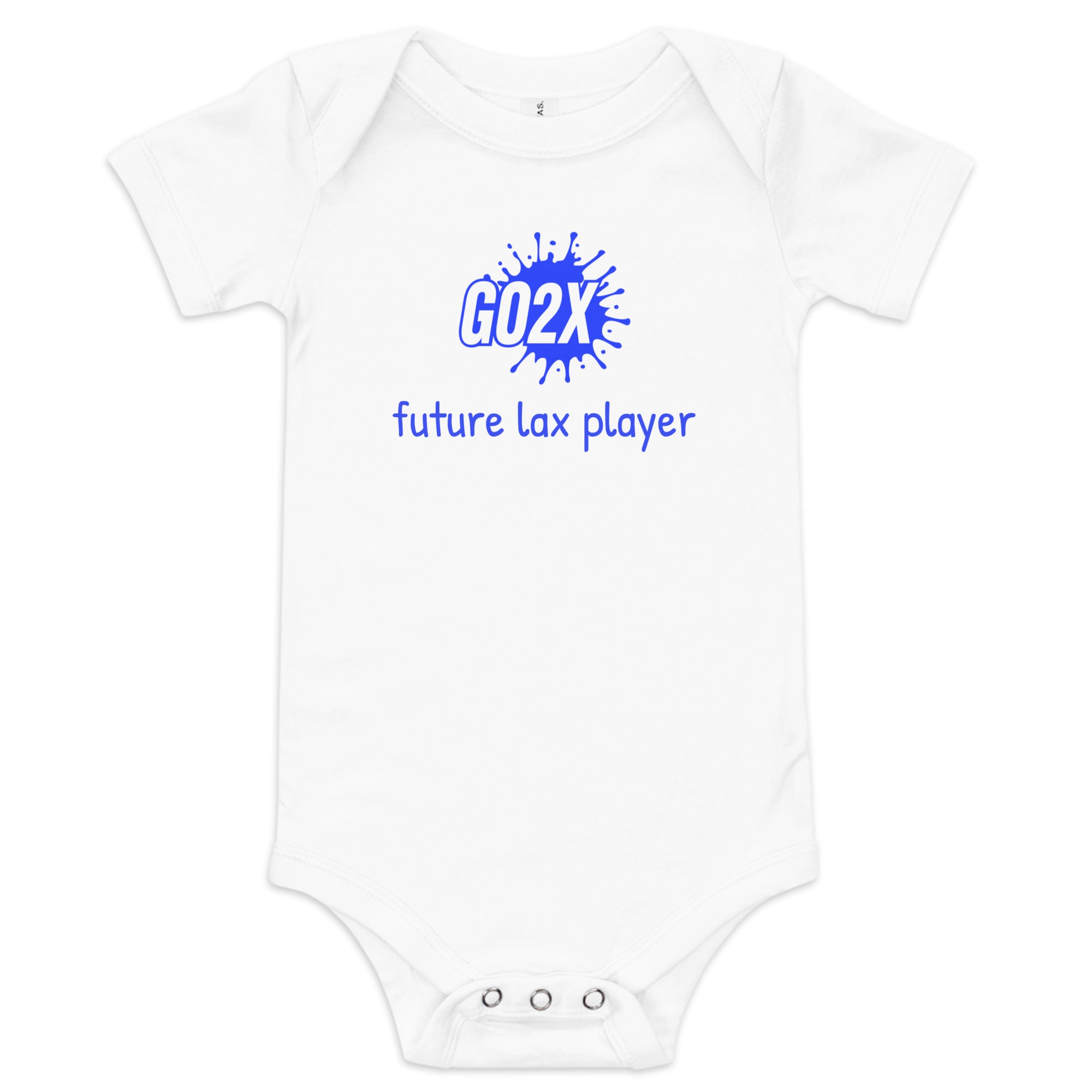 GO2X Future Lax Player lacrosse baby bodysuit with blue lettering