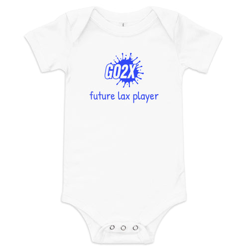 GO2X Future Lax Player lacrosse baby bodysuit with blue lettering