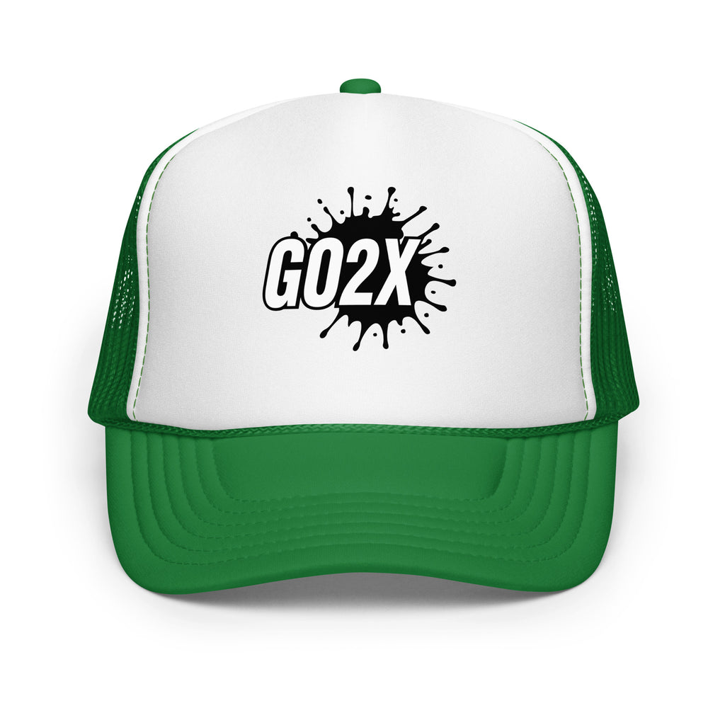 GO2X foam front lacrosse trucker hat with the black and white logo and mesh back