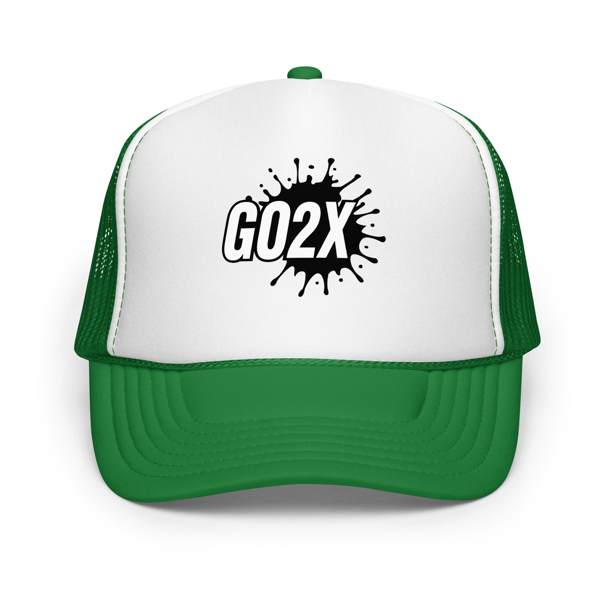 GO2X foam front lacrosse trucker hat with the black and white logo and mesh back