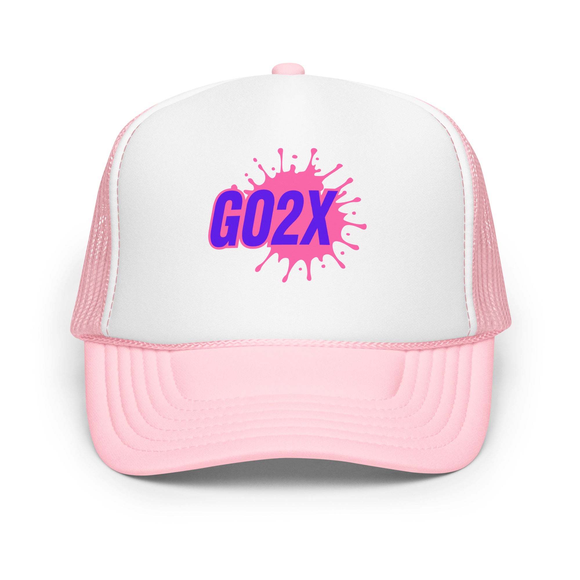 GO2X foam front lacrosse trucker hat with the pink and purple logo and mesh back