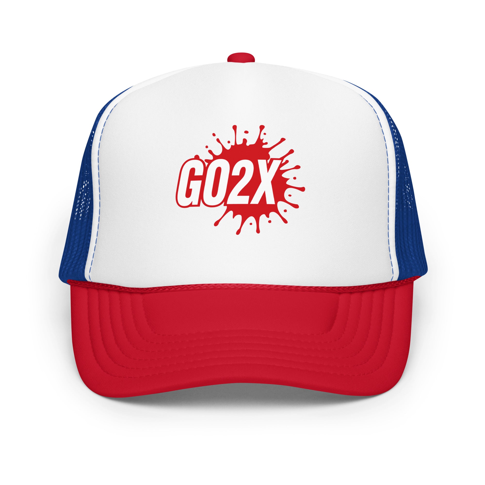 GO2X foam front lacrosse trucker hat with the red and white logo and mesh back