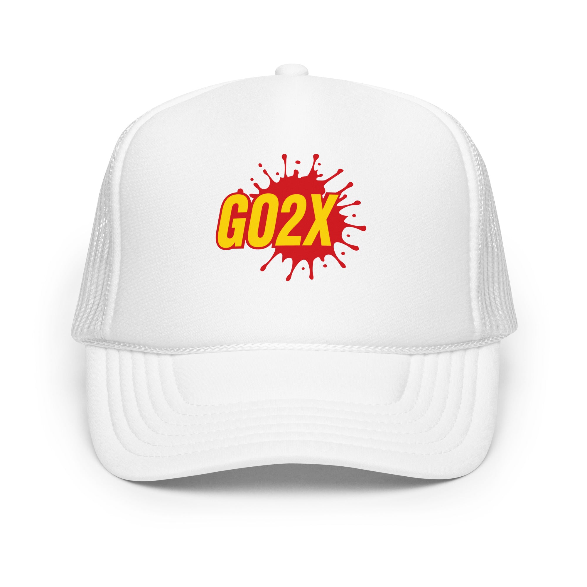 GO2X foam front lacrosse trucker hat with the red and yellow logo and mesh back
