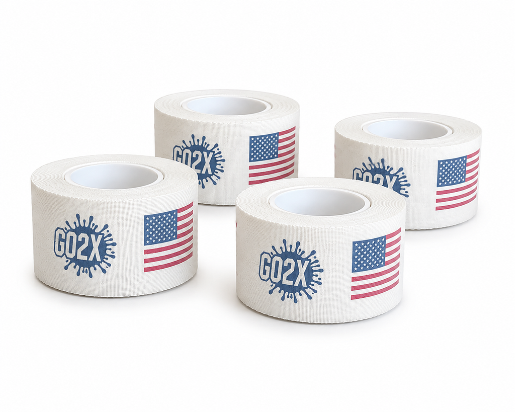 Lacrosse stick tape rolls in the American flag design with the GO2X logo in blue