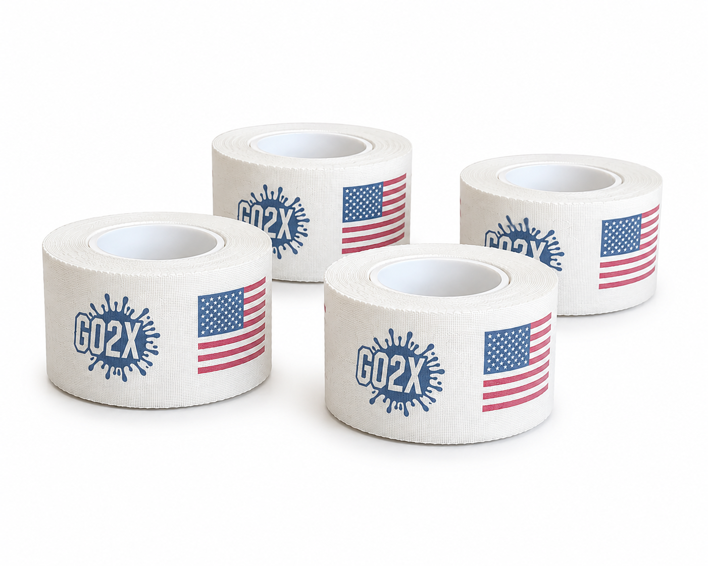 Lacrosse stick tape rolls in the American flag design with the GO2X logo in blue