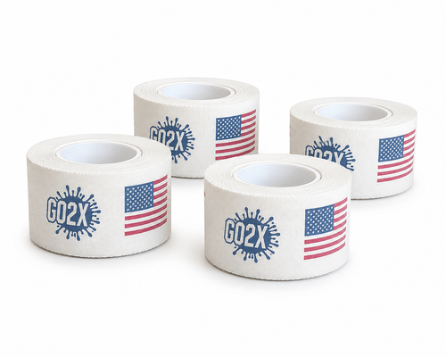 Lacrosse stick tape rolls in the American flag design with the GO2X logo in blue