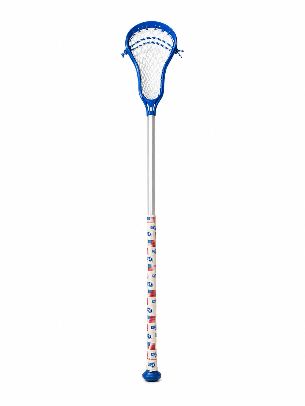 Full lacrosse stick wrapped in American flag tape with the GO2X logo in blue