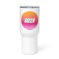 GO2X Sunset logo insulated lacrosse travel mug with a handle