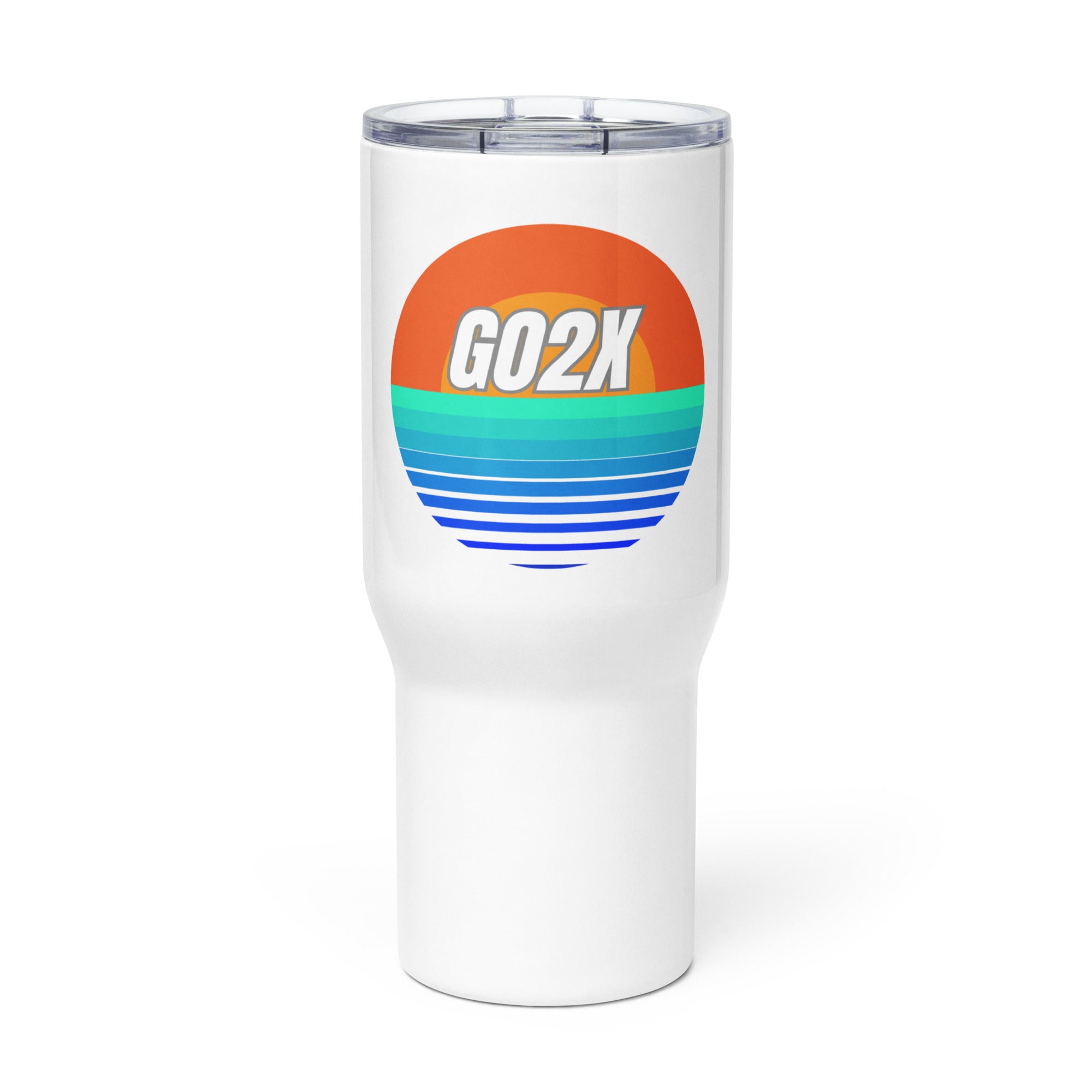 GO2X Blue Ocean logo insulated lacrosse travel mug with a handle