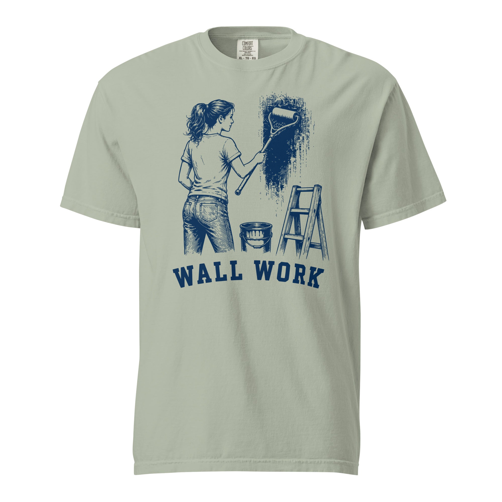 Lacrosse shirt with the GO2X Wall Work design, a woman painting a wall with a lacrosse stick
