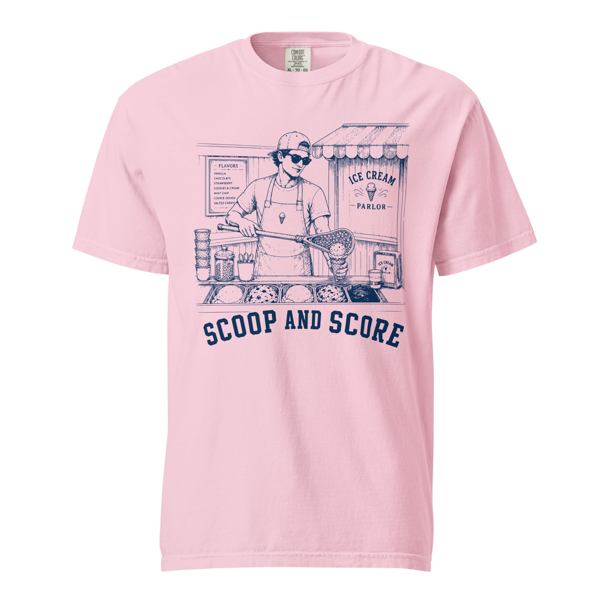 Lacrosse shirt with the GO2X Scoop and Score design, a man scooping ice cream into a cone with a lacrosse stick
