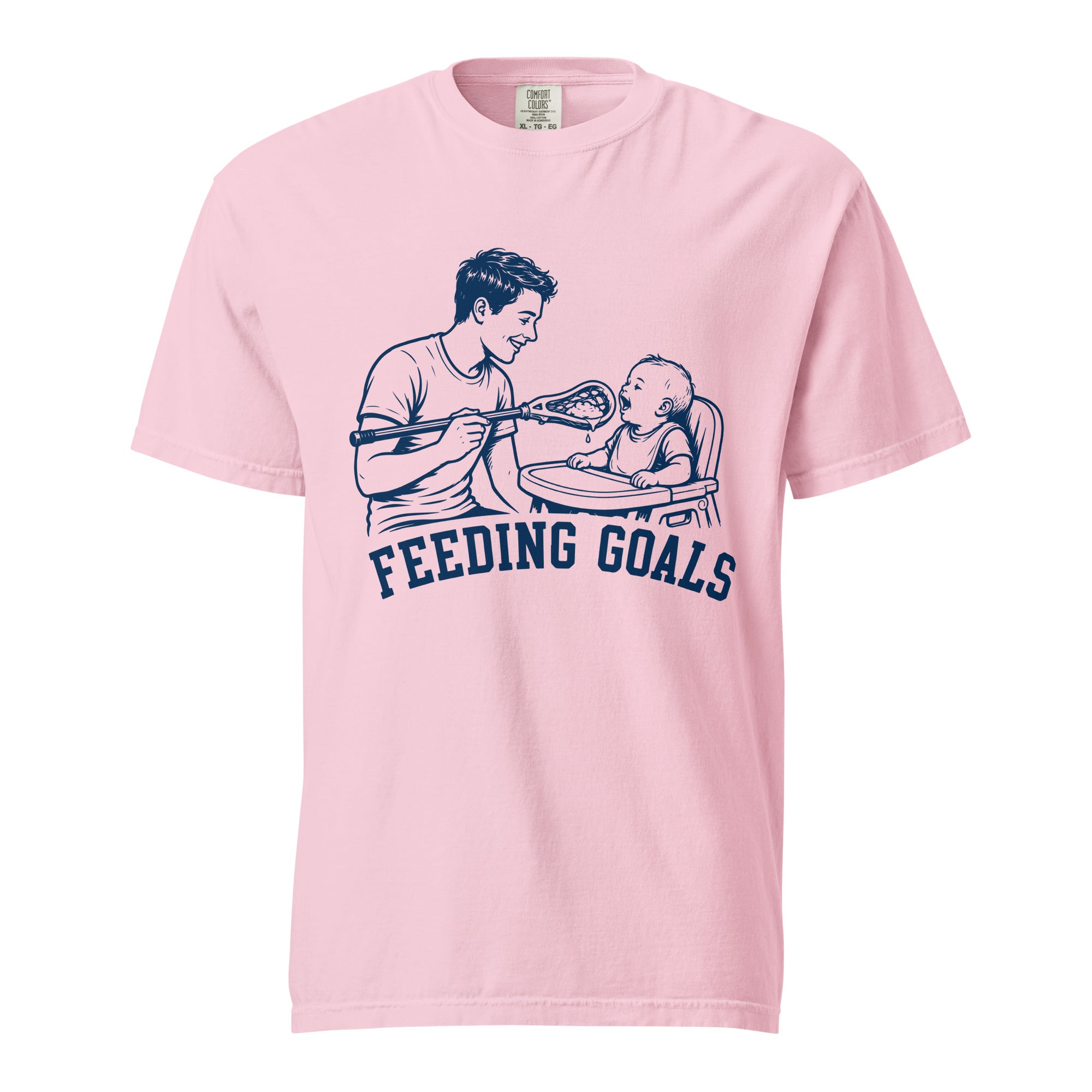 Lacrosse shirt with the GO2X Feeding Goals design, a man feeding a baby in a high chair with a lacrosse stick