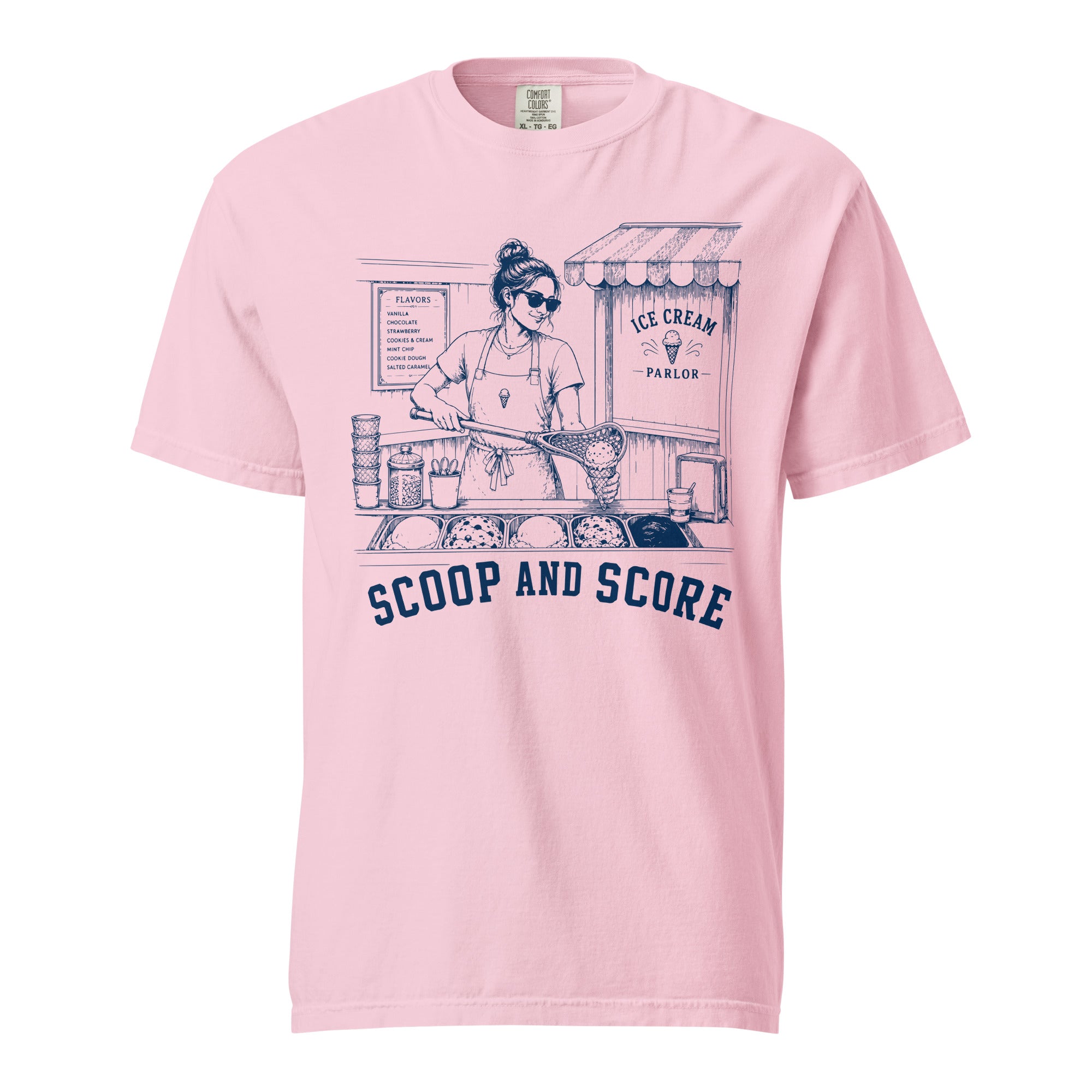 Lacrosse shirt with the GO2X Scoop and Score design, a woman scooping ice cream into a cone with a lacrosse stick