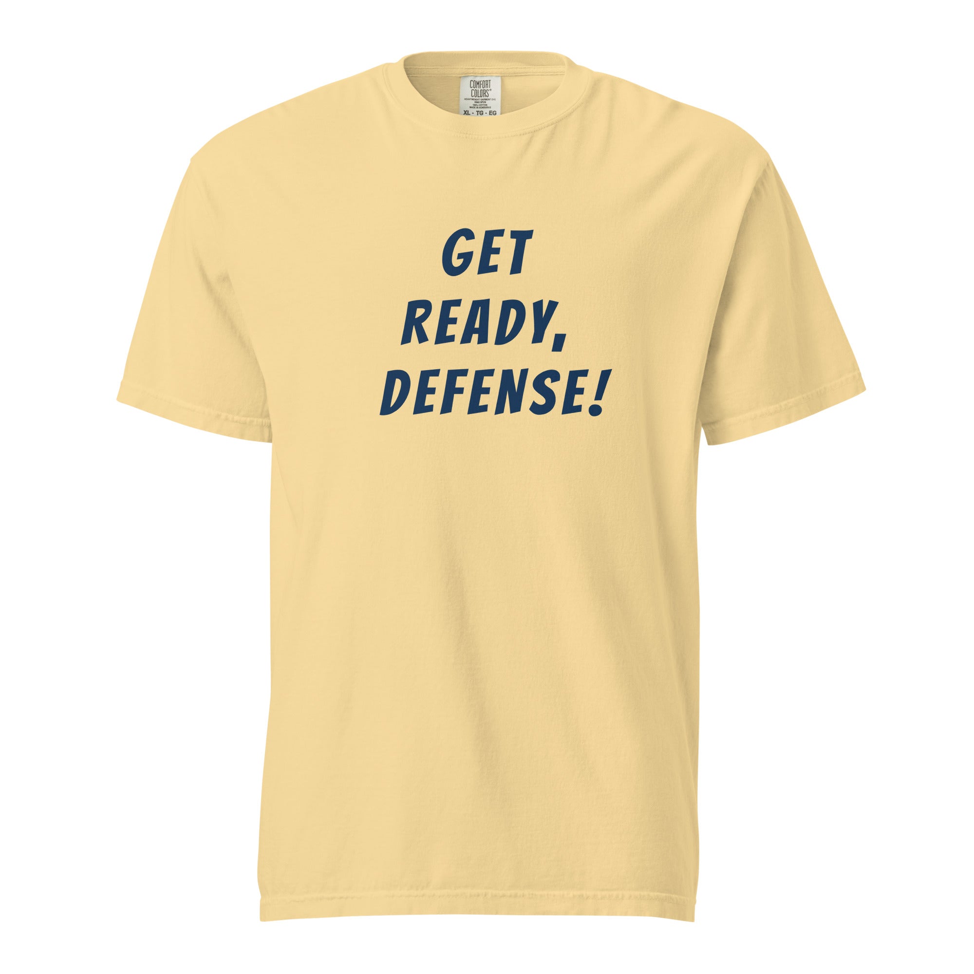 Lacrosse shirt with the GO2X Get Ready, Defense! call-out design in bold lettering