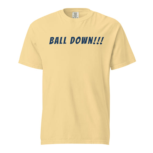 Lacrosse shirt with the GO2X Ball Down! call-out design in bold lettering