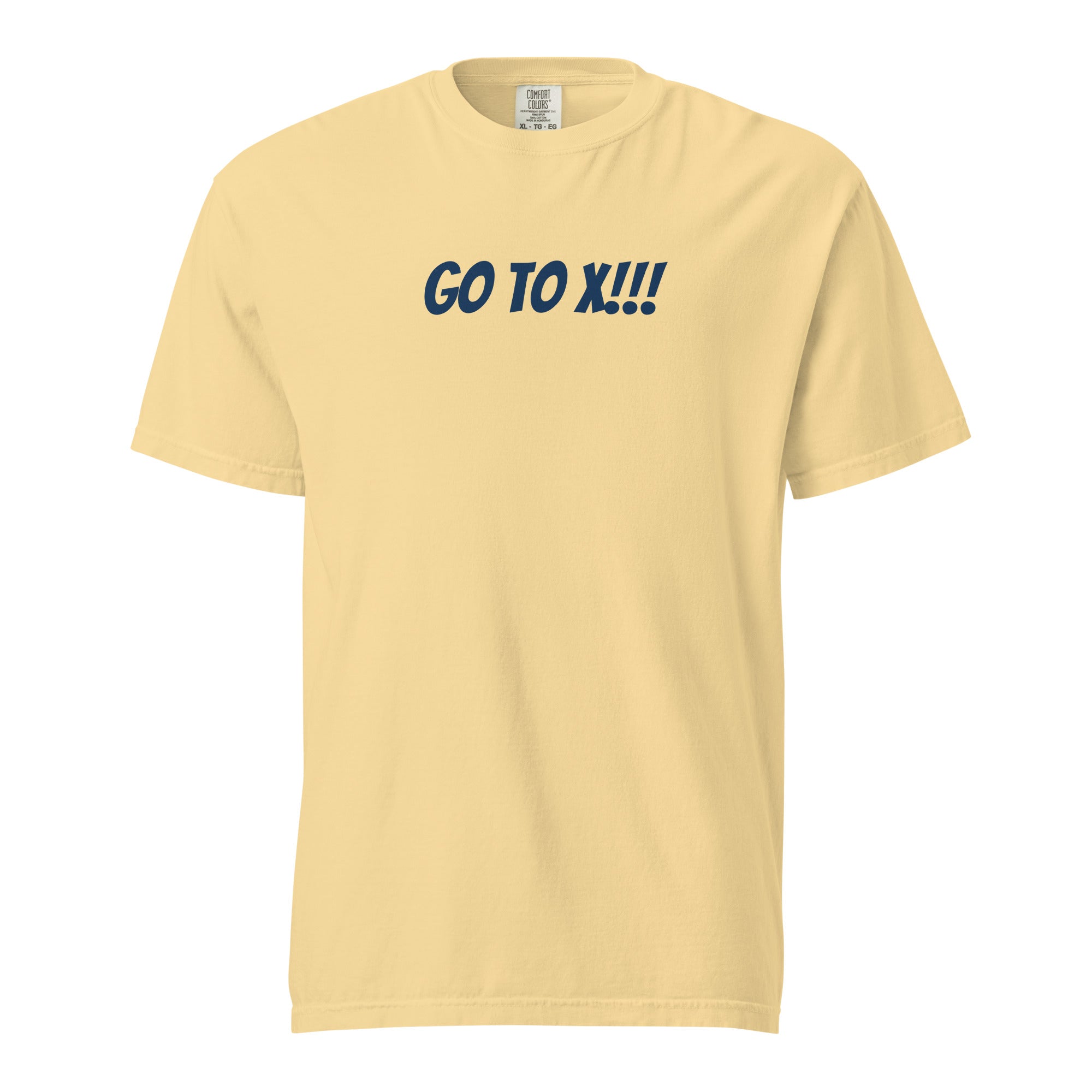 Lacrosse shirt with the GO2X Go to X!!! call-out design in bold lettering