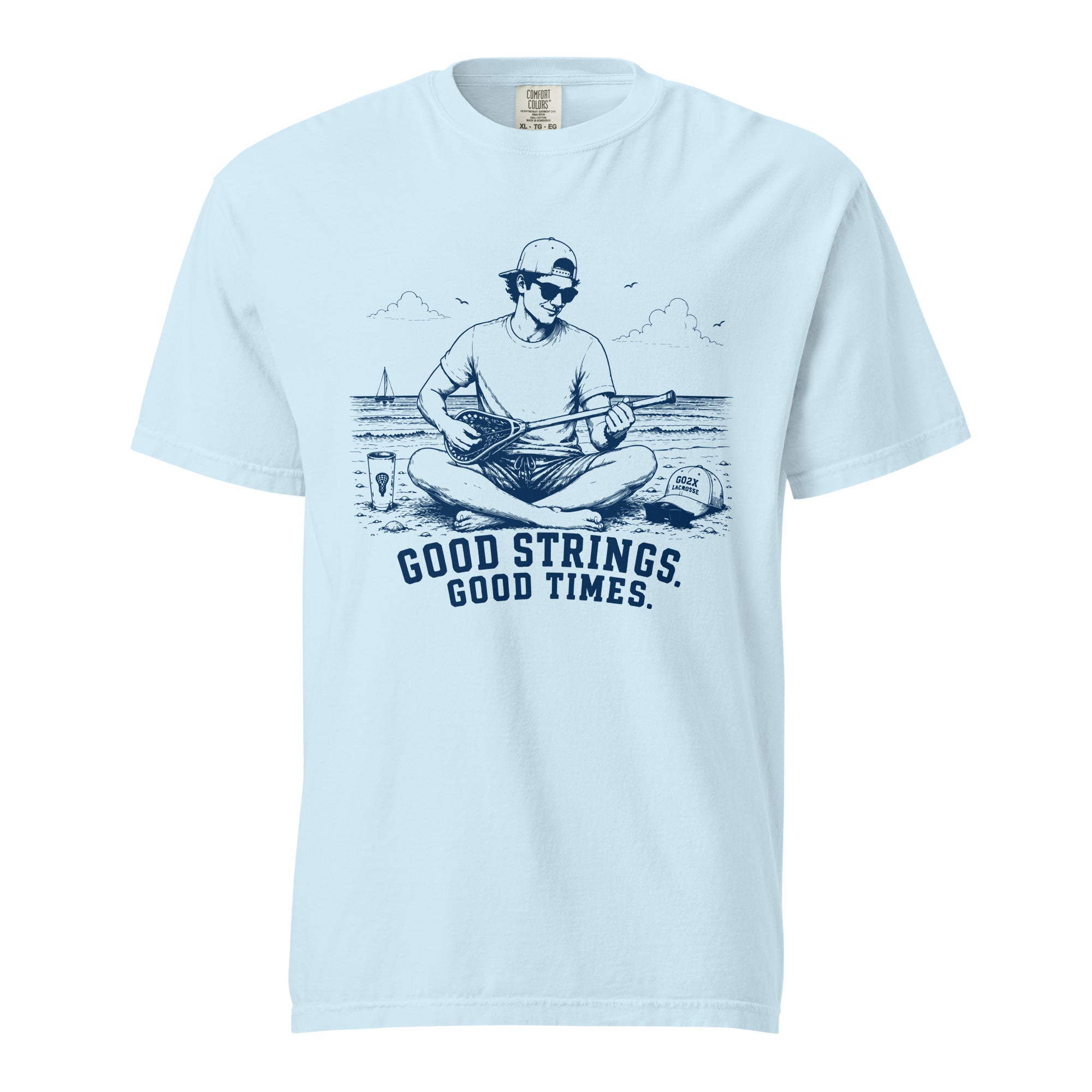 Lacrosse shirt with the GO2X Good Strings Good Times design, a man on the beach playing a lacrosse stick like a guitar