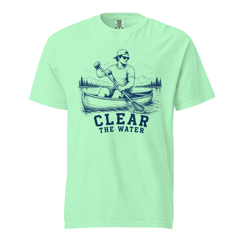 Lacrosse shirt with the GO2X Clear the Water design, a man paddling a canoe with a lacrosse stick