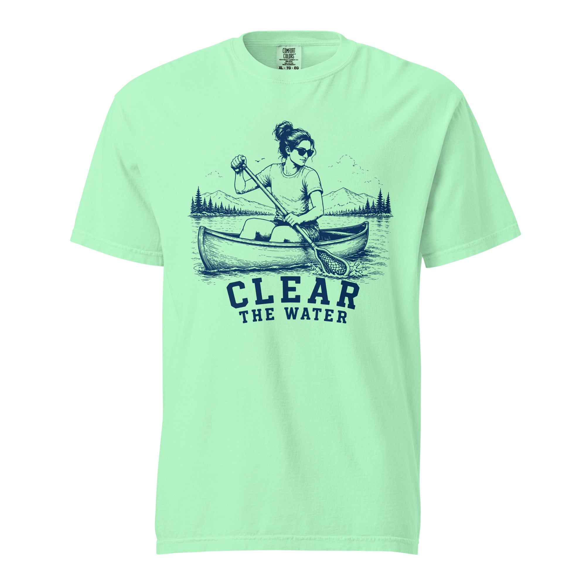 Lacrosse shirt with the GO2X Clear the Water design, a woman paddling a canoe with a lacrosse stick