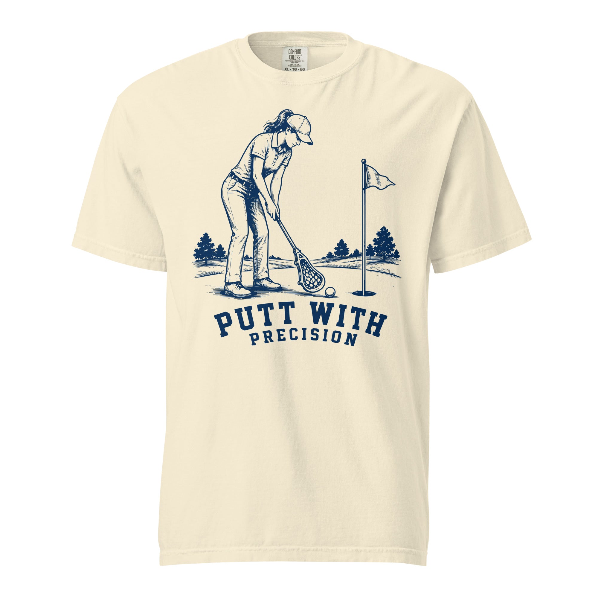 Lacrosse shirt with the GO2X Putt with Precision design, a woman putting a golf ball with a lacrosse stick
