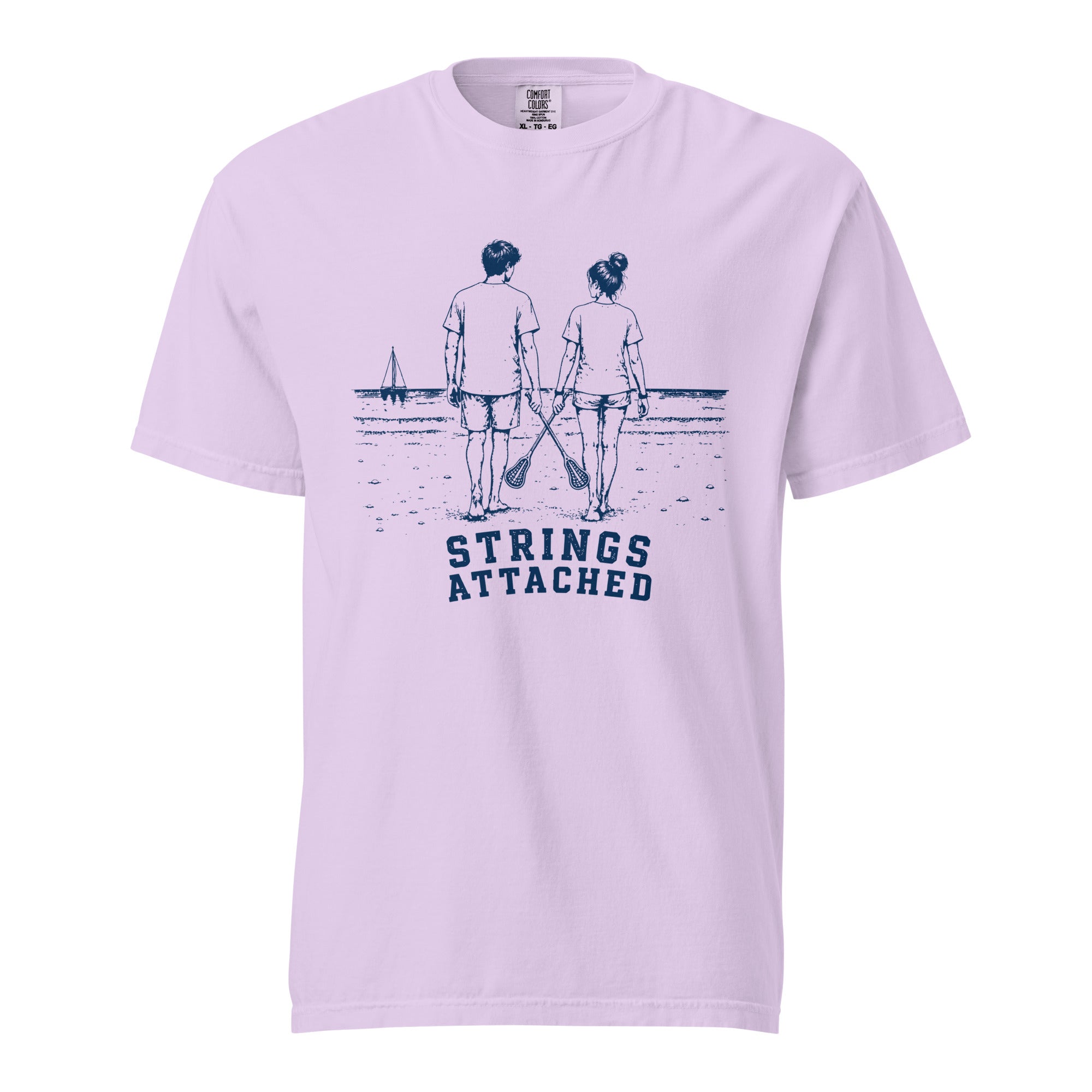 Lacrosse shirt with the GO2X Strings Attached design, a couple walking on the beach with their lacrosse sticks crossed
