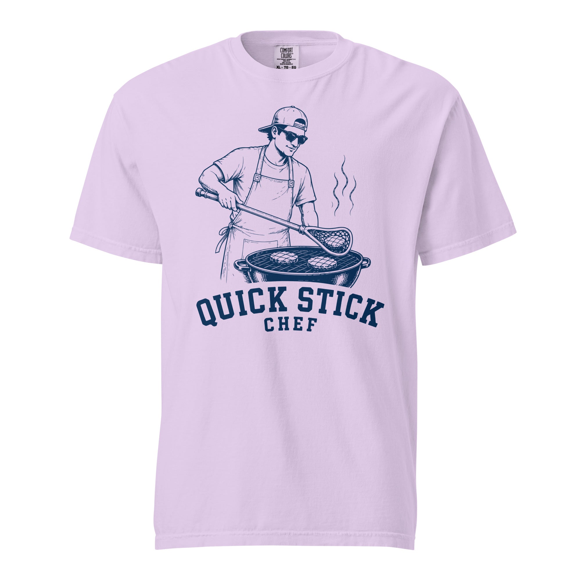 Lacrosse shirt with the GO2X Quick Stick Chef design, a man grilling with a lacrosse stick