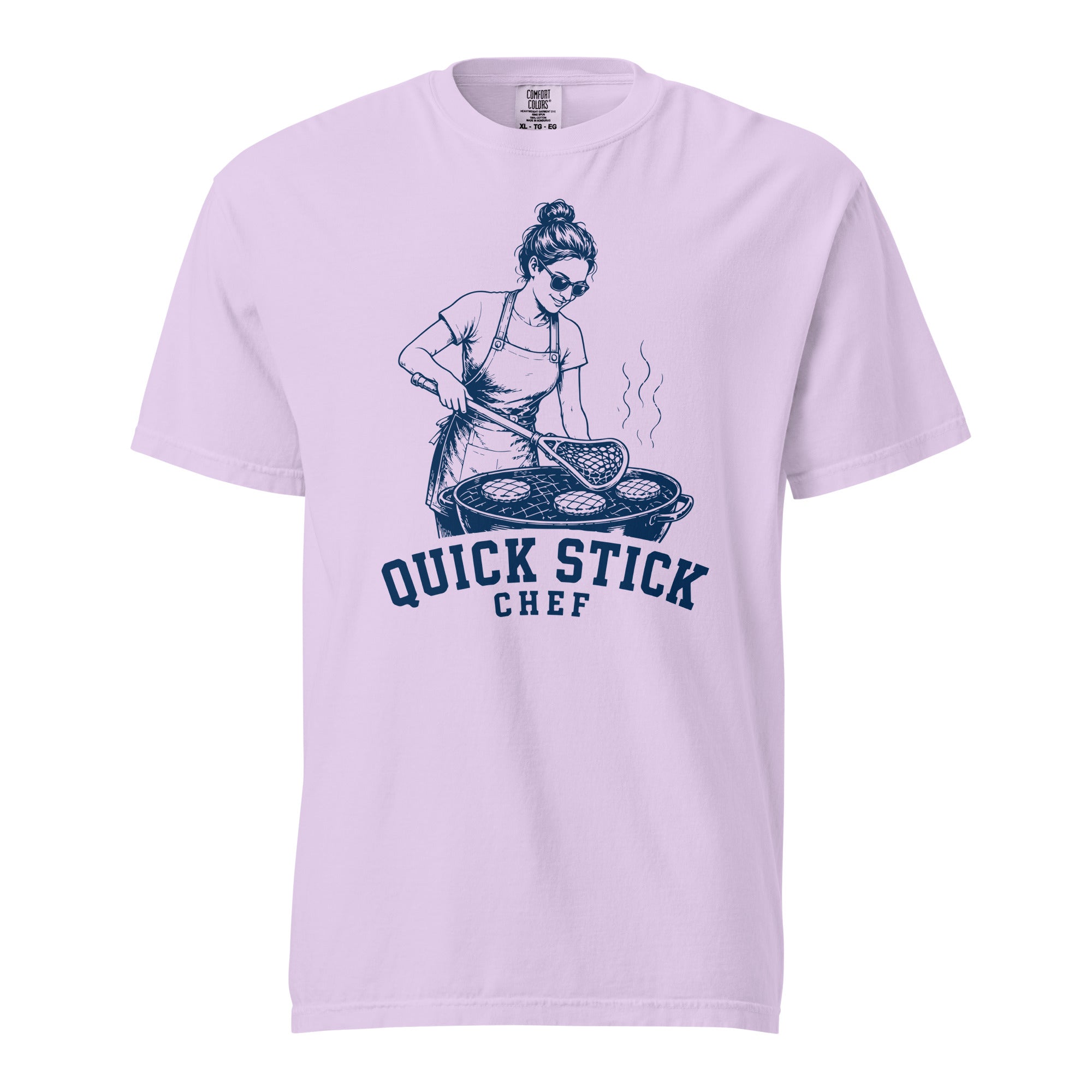 Lacrosse shirt with the GO2X Quick Stick Chef design, a woman grilling with a lacrosse stick
