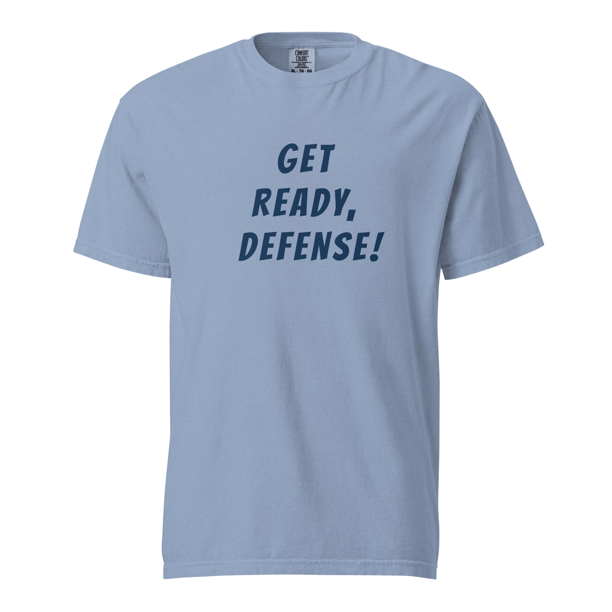 Lacrosse shirt with the GO2X Get Ready, Defense! call-out design in bold lettering