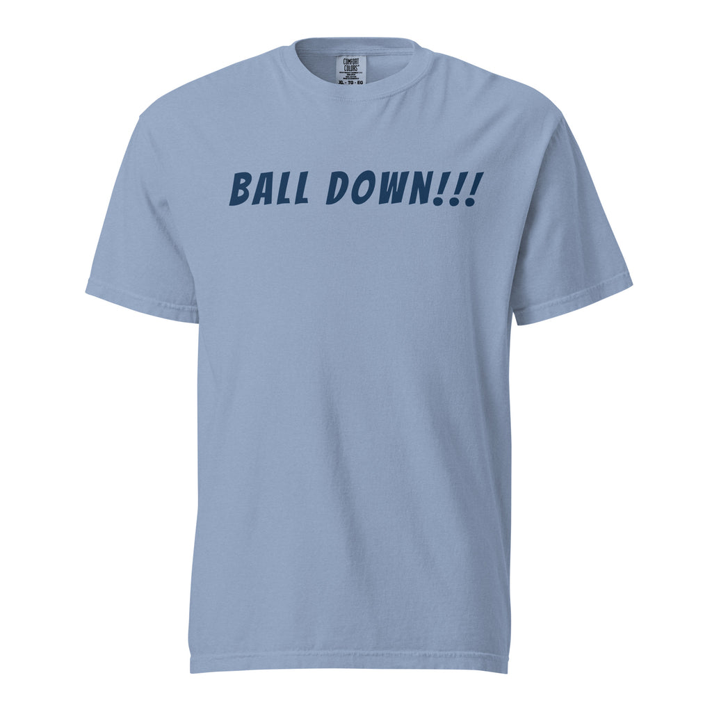 Lacrosse shirt with the GO2X Ball Down! call-out design in bold lettering