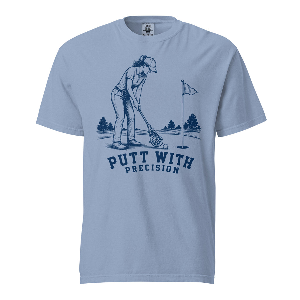 Lacrosse shirt with the GO2X Putt with Precision design, a woman putting a golf ball with a lacrosse stick
