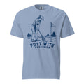 Lacrosse shirt with the GO2X Putt with Precision design, a woman putting a golf ball with a lacrosse stick