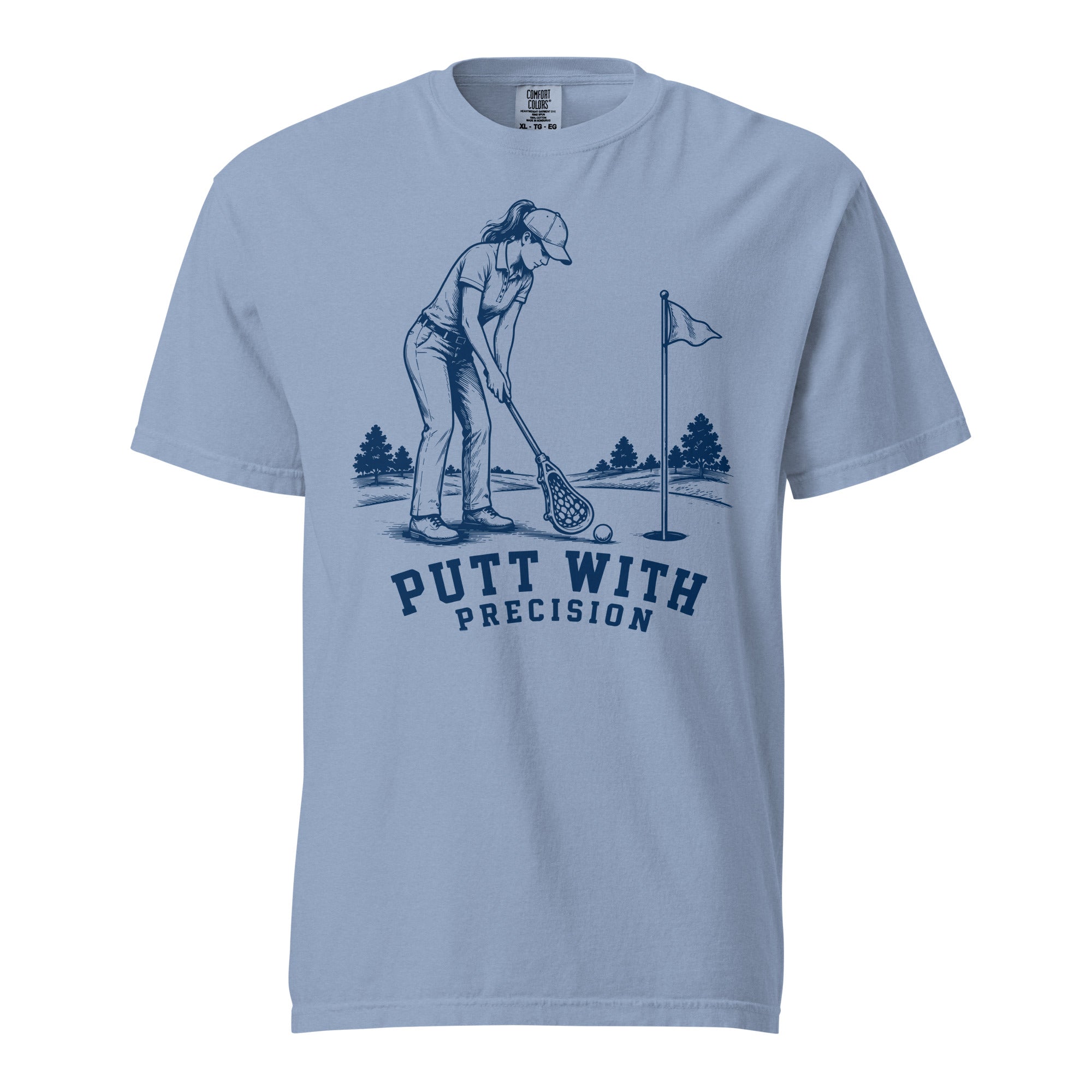Lacrosse shirt with the GO2X Putt with Precision design, a woman putting a golf ball with a lacrosse stick