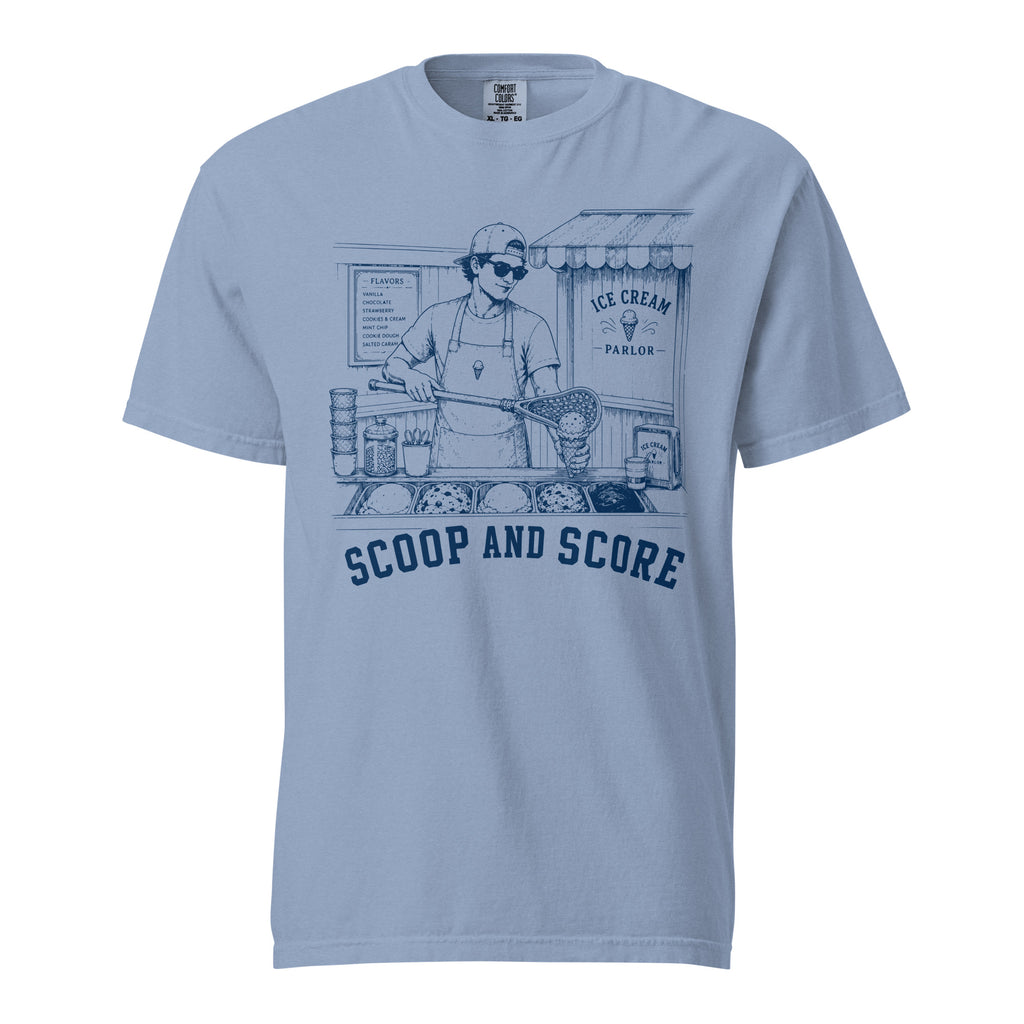 Lacrosse shirt with the GO2X Scoop and Score design, a man scooping ice cream into a cone with a lacrosse stick