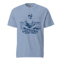 Lacrosse shirt with the GO2X Good Strings Good Times design, a man on the beach playing a lacrosse stick like a guitar
