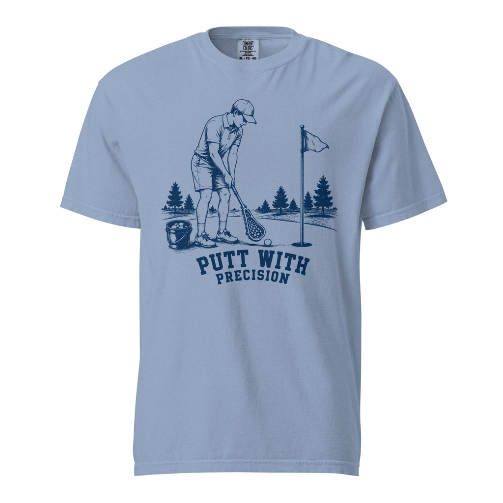 Lacrosse shirt with the GO2X Putt with Precision design, a man putting a golf ball with a lacrosse stick
