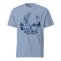 Lacrosse shirt with the GO2X Putt with Precision design, a man putting a golf ball with a lacrosse stick