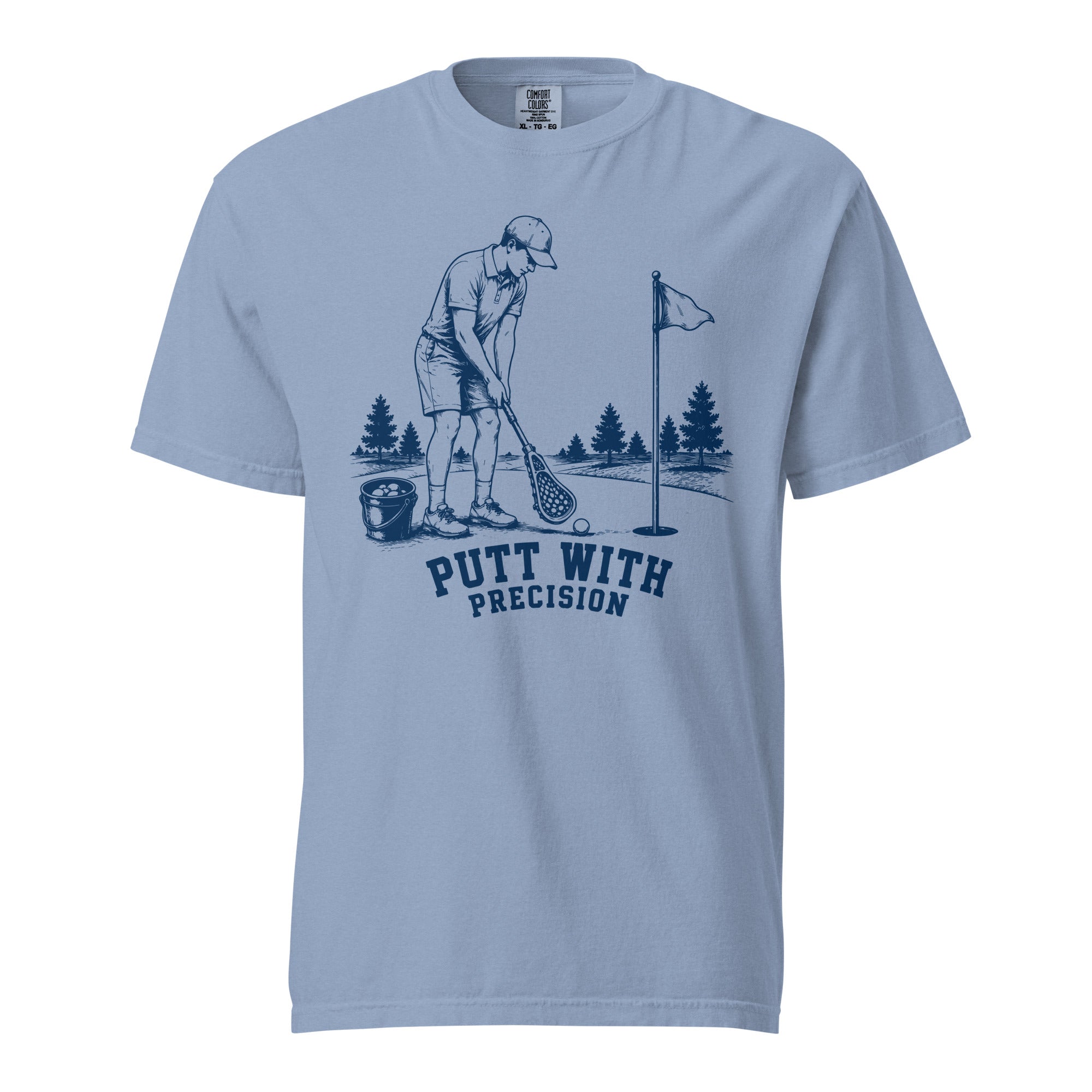 Lacrosse shirt with the GO2X Putt with Precision design, a man putting a golf ball with a lacrosse stick