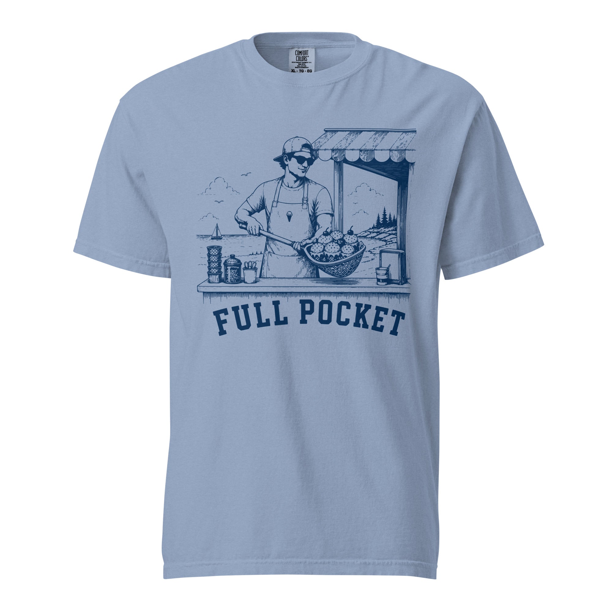 Lacrosse shirt with the GO2X Full Pocket design, a man at a seaside ice cream stand holding a lacrosse head full of cones