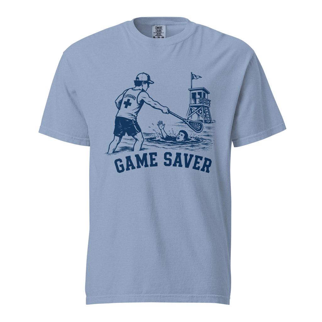 Lacrosse shirt with the GO2X Game Saver design, a male lifeguard reaching a lacrosse stick out to a swimmer