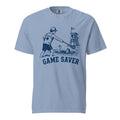 Lacrosse shirt with the GO2X Game Saver design, a male lifeguard reaching a lacrosse stick out to a swimmer
