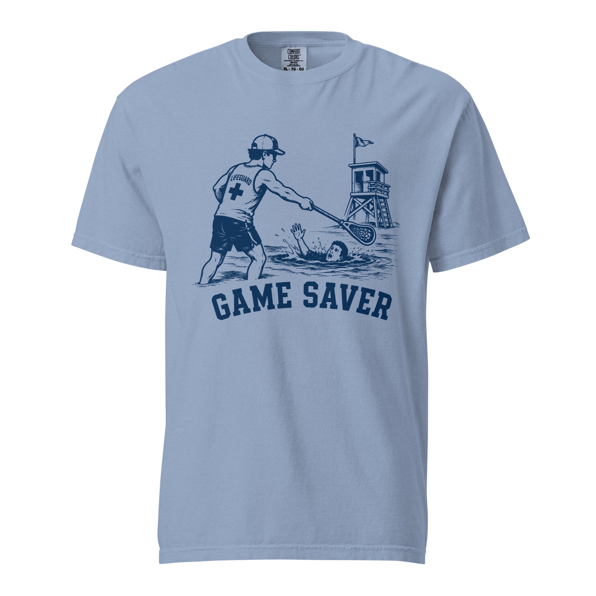 Lacrosse shirt with the GO2X Game Saver design, a male lifeguard reaching a lacrosse stick out to a swimmer