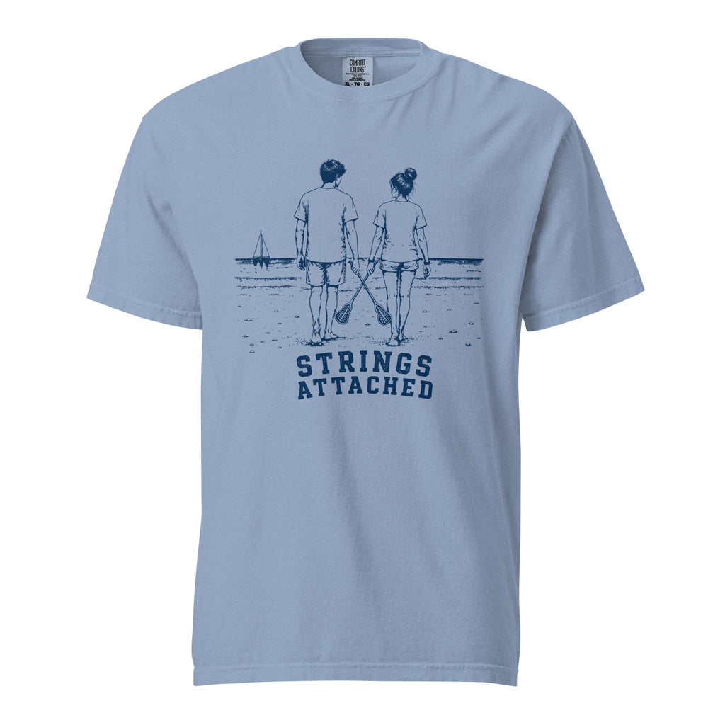 Lacrosse shirt with the GO2X Strings Attached design, a couple walking on the beach with their lacrosse sticks crossed