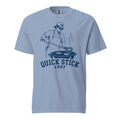 Lacrosse shirt with the GO2X Quick Stick Chef design, a man flipping burgers on a grill with a lacrosse head