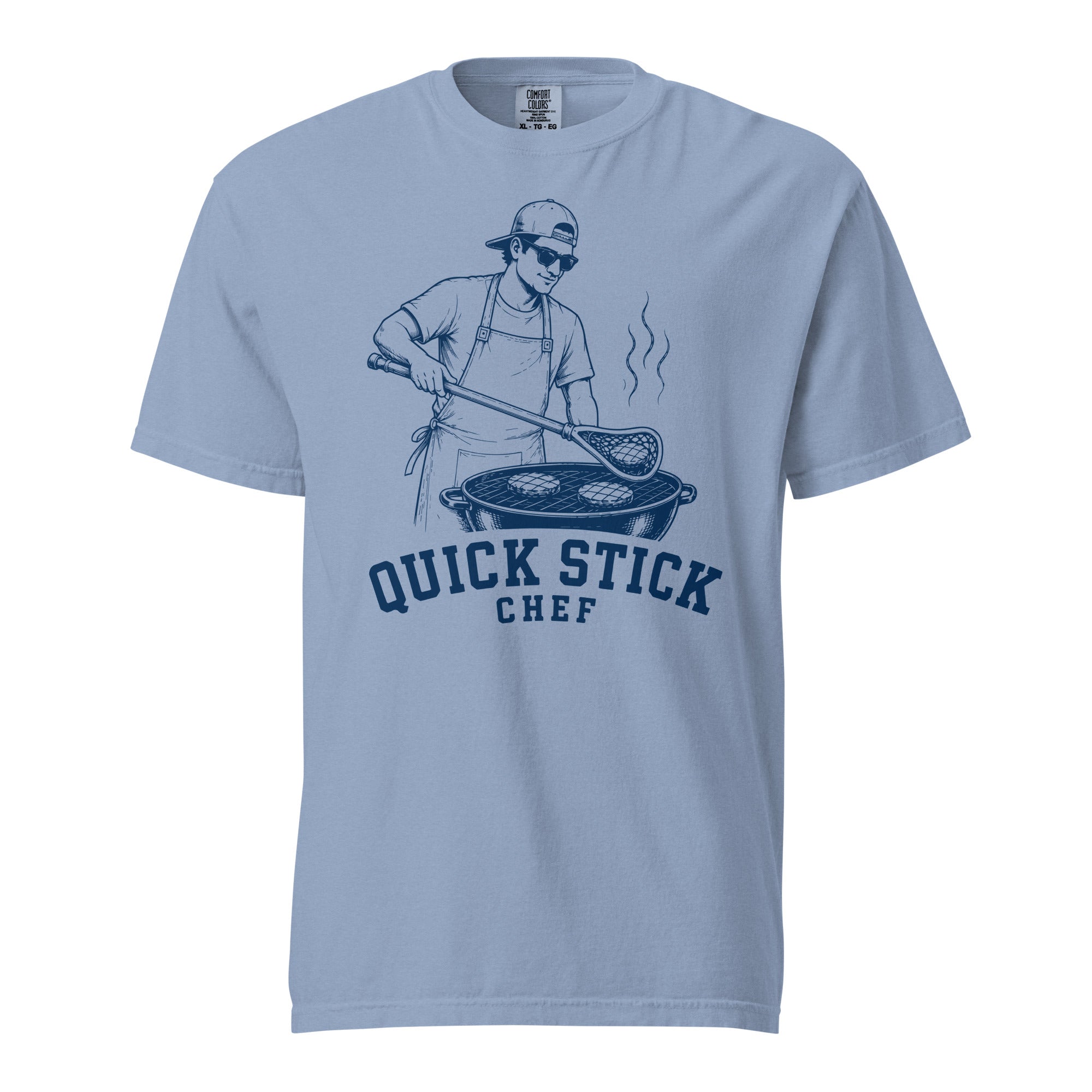 Lacrosse shirt with the GO2X Quick Stick Chef design, a man flipping burgers on a grill with a lacrosse head