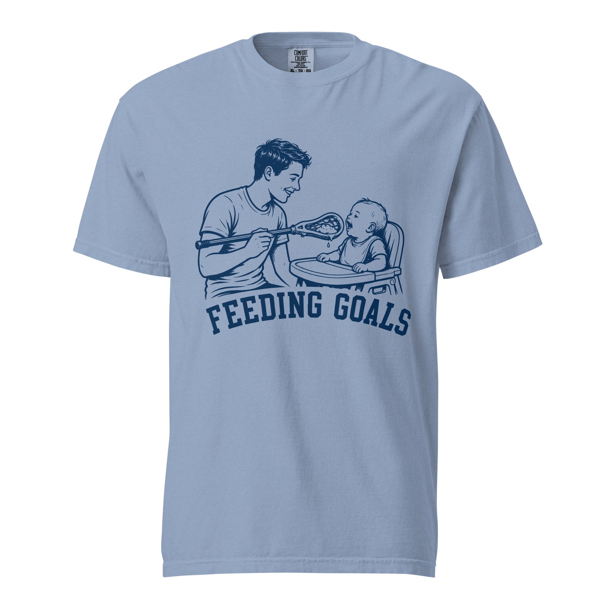 Lacrosse shirt with the GO2X Feeding Goals design, a man feeding a baby in a high chair with a lacrosse stick