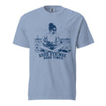 Lacrosse shirt with the GO2X Good Strings Good Times design, a woman on the beach playing a lacrosse stick like a guitar